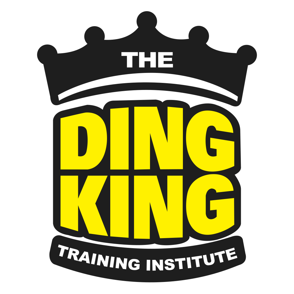 Logo of the ding king training institute features a black and yellow default kit design with a crown atop a shield-like emblem containing the text.